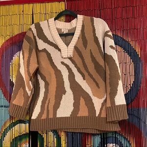 POL Neutral Zebra V-Neck Sweater